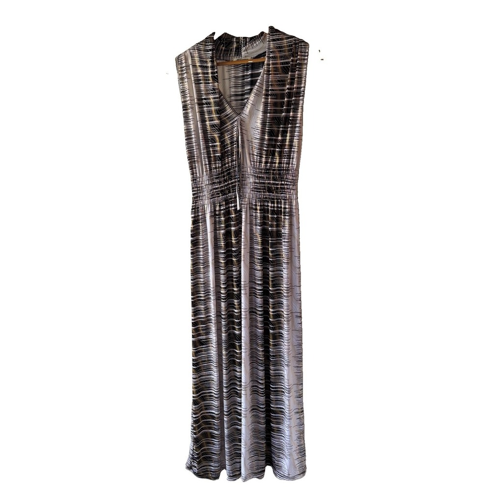 Ace Fashion Dress 2X Plus Size Black White Metallic Gold Stripe Maxi Smocked Top